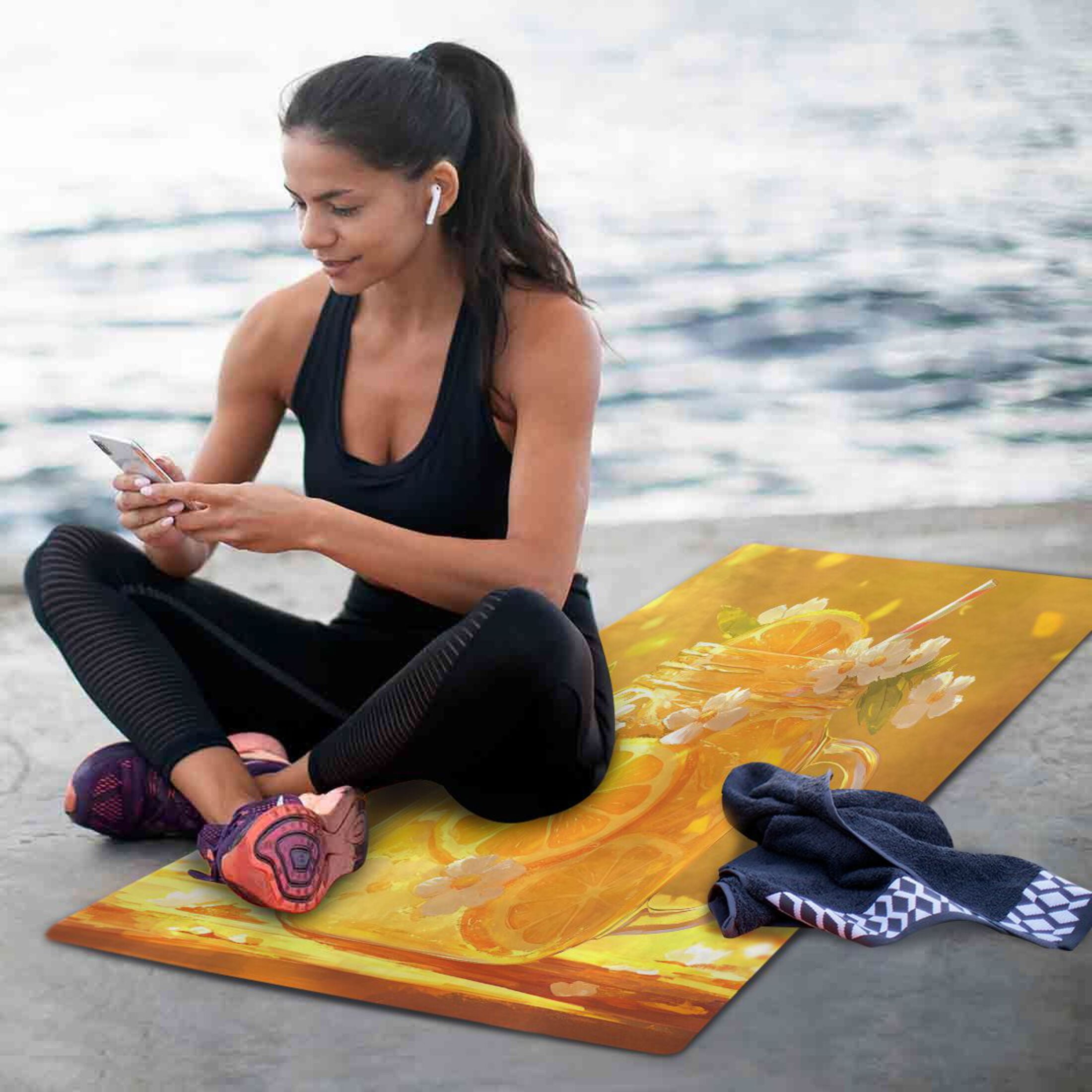 BZSMCE Yoga Mat Women Orange Drink with Flowers Fitness Mat