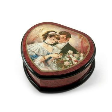 Romantic Heart Shape Painted Ercolano Music Box Titled - A Token of Love by Brenda Burke - Moon River