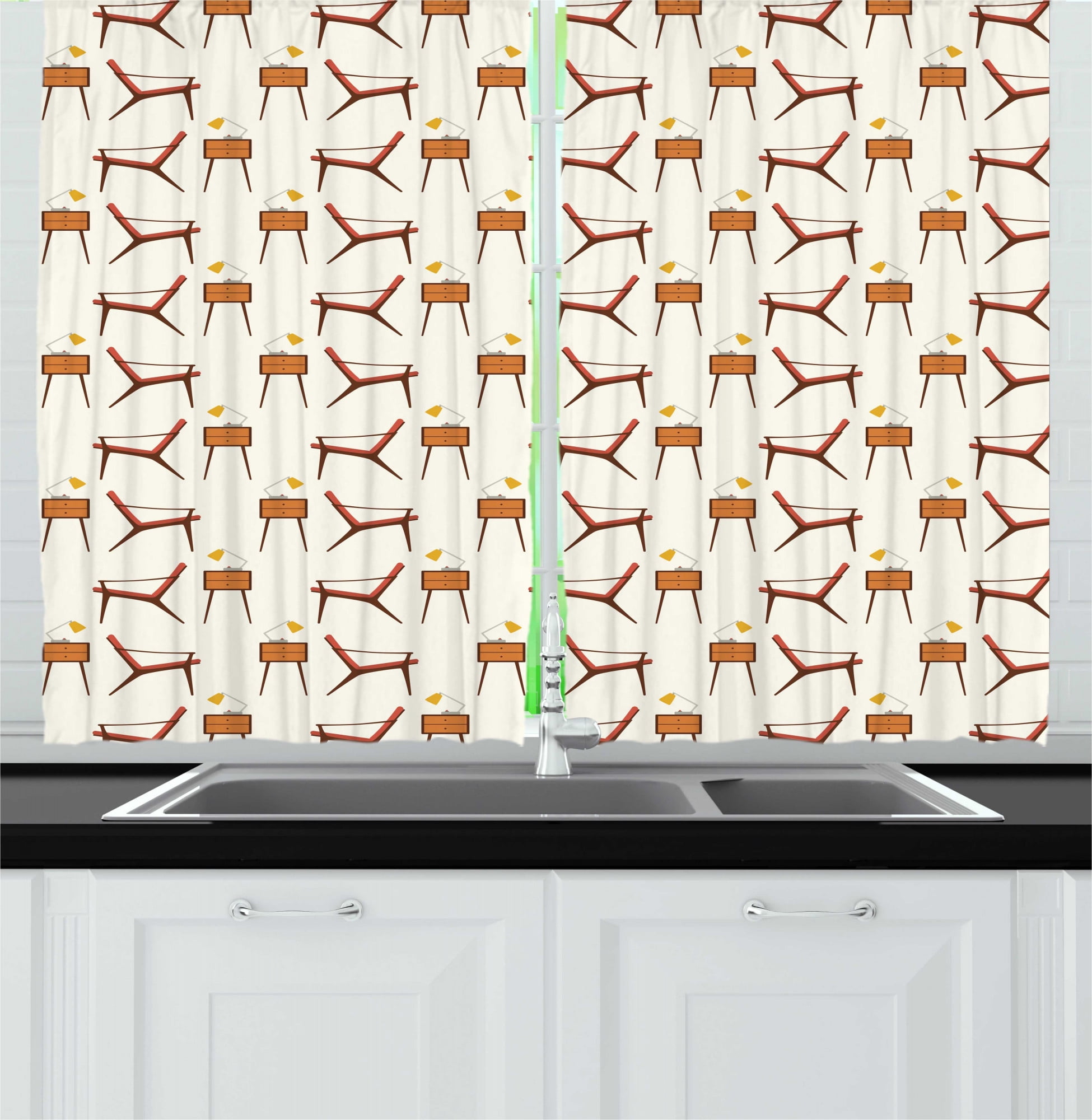 Mid Century Modern Kitchen Curtains, Repetitive Furniture Graphic of Vintage Chair and Coffee Table, Two Panels Drapes with Rod Pocket Room Decor, 55