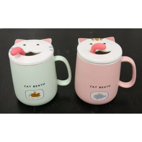 Set of 2 Pink & Green Drooling Cat Bento Porcelain Mug Cup With Spoon And Lid