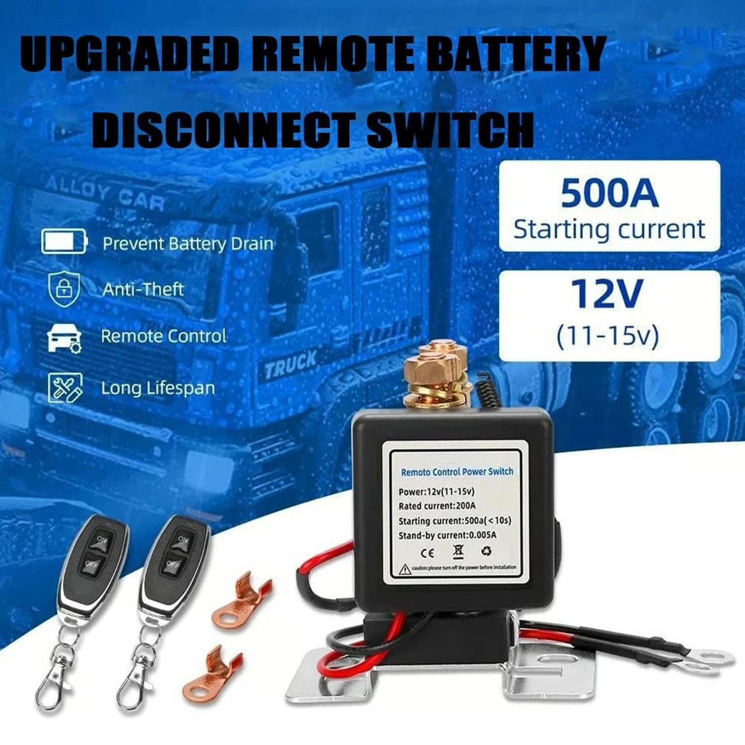 Wireless Remote Control Battery Relay Switch, Battery Disconnect Switch Anti Theft with Two Control Key Fobs, Remote Car Batterys Disconnect to Car, Truck, RV
