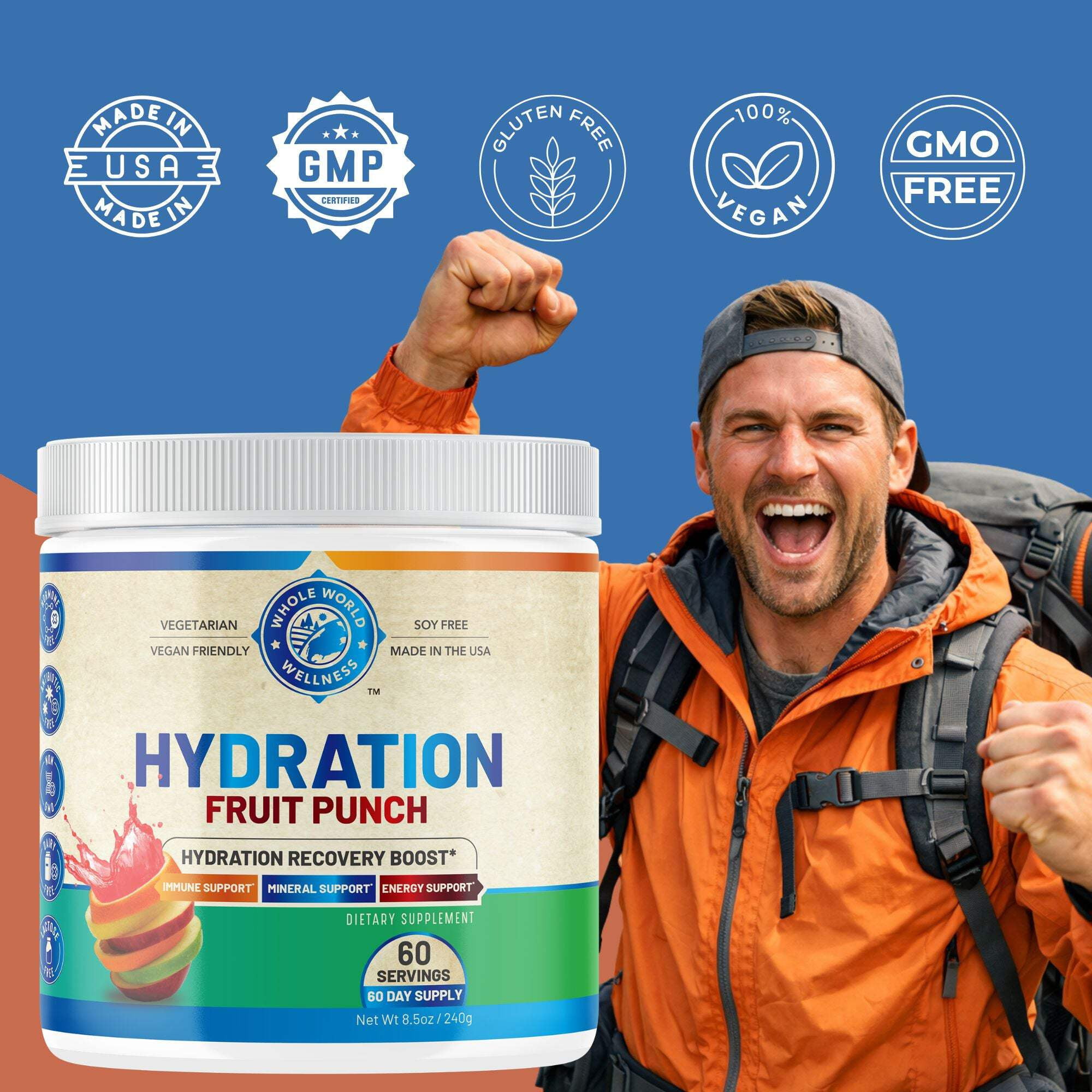 Hydration Electrolyte Powder, Fruit Punch Flavor, 60 Servings, USA Made