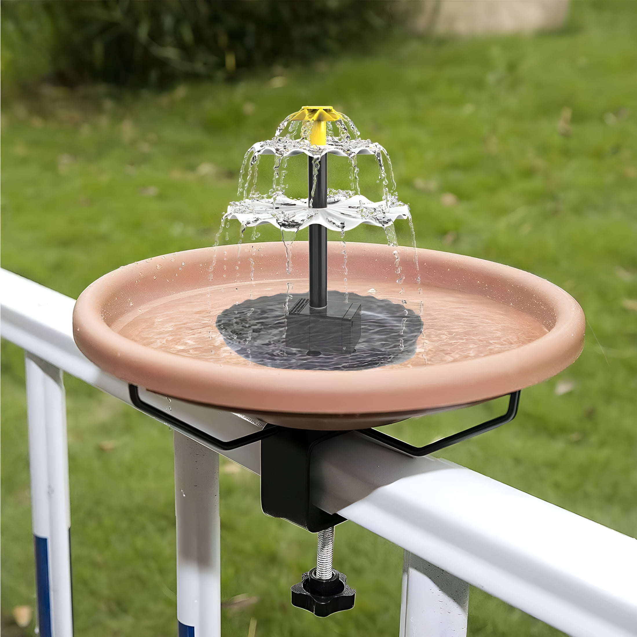 ACDANC 2026 New Decking Mounted Glass Bird Baths Bowl Spa with Adjustable Sturdy Steel Clamp and Solar Fountain Pump for Garden Patio Grass Yard Decks Railing Decoration