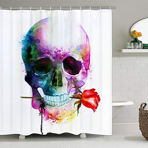 Krelymics Sugar Skull Shower Curtain Red Rose Set With 12 Hooks Skeleton And Flowers Waterproof Durable For Bathroom Com Krelymics Sugar Skull Shower Curtain, Sugar Skull Shower Curtain