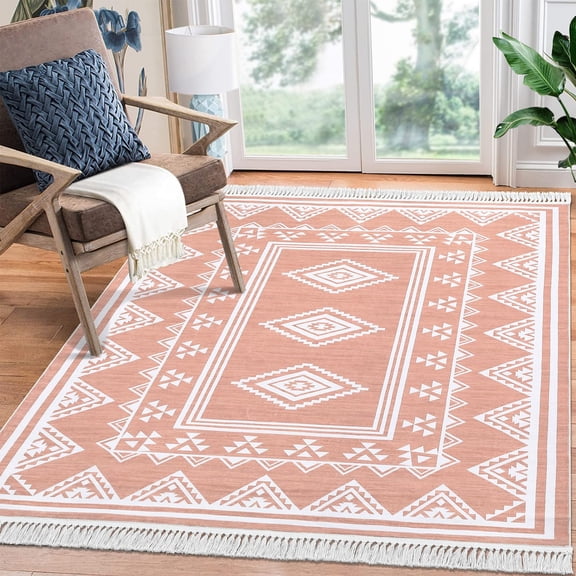 Rugs for Living Room,Washable Bedroom Rug Tassel Throw Rug Non-Slip Bohemian Farmhouse Large Floor Covers Moroccan Rug Boho Bordered Rug Stain Resistant Farmhouse Carpet for Living Room Dining Room