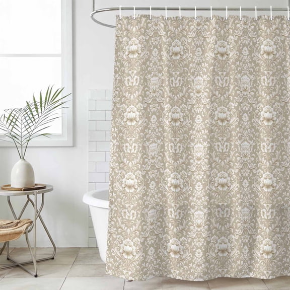 Beige Damask Waterproof Fabric Shower Curtain,Vintage Country Scroll Floral Patterned Waterproof Fabric Shower Curtain for Bathroom Curtains Bathtubs Hotel Shower Curtains with 12 Hooks Stall 54x78in