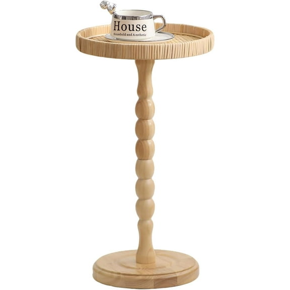 Small Round Rattan Side Table, Boho Accent Drink Table with Solid Wood Leg for Corner or Bedroom