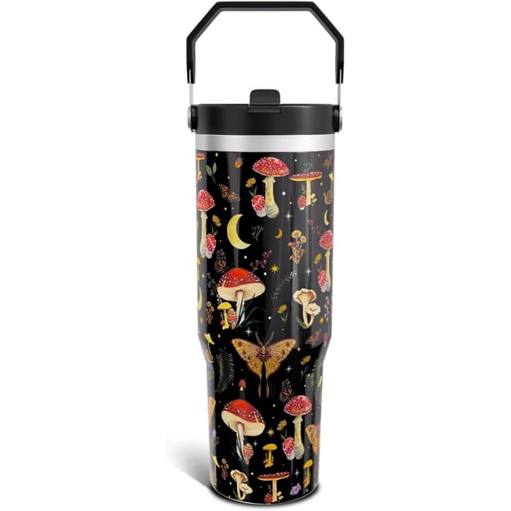 Red Mushroom Gifts 30 Oz Tumbler with Top Handle and Flip Straw, Black Moth Stainless Steel Insulated Water Bottle Cup, Moth Lover Birthday Gifts for Women Girls