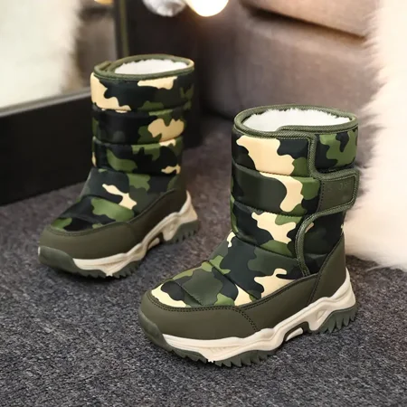 

GEDER-SA Boys Casual Snow Boots With Camouflage Print Waterproof High Top Fleece Thermal Boots For Winter