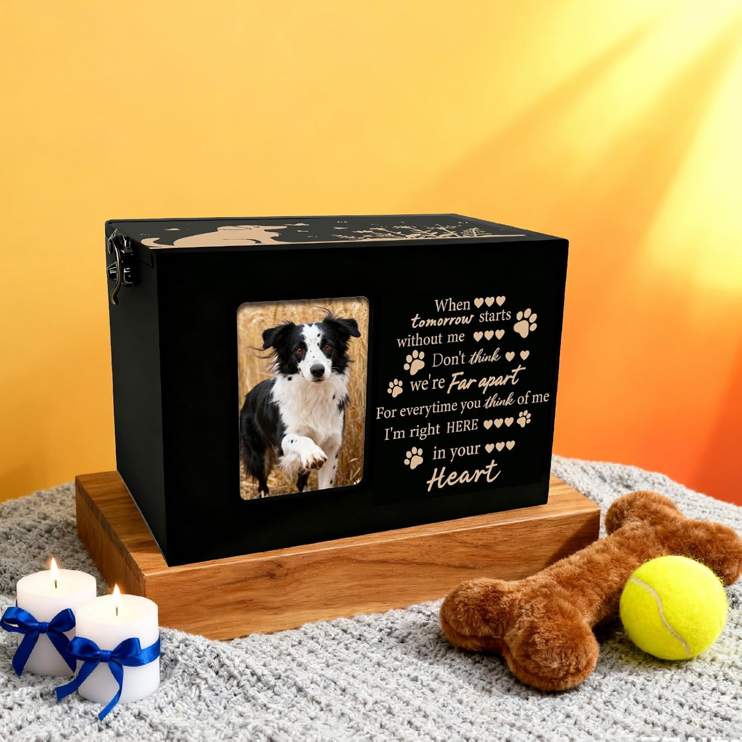 Dog Pet Urn Wooden Pet Memorial Box Dog Flower Butterfly Words Pattern Rectangle Storage Containers Cremation Box with oto Frame
