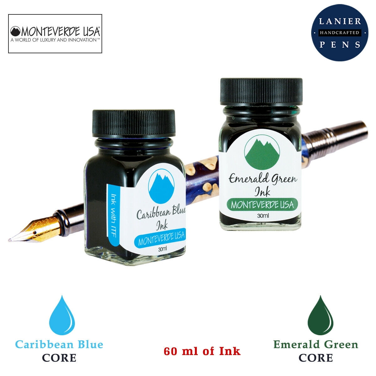 Monteverde 60ml Core Fountain Pen Ink Bottle (30ml Caribbean Blue Ink Bottle G309CU, 30ml Emerald Green Ink Bottle G309EG)