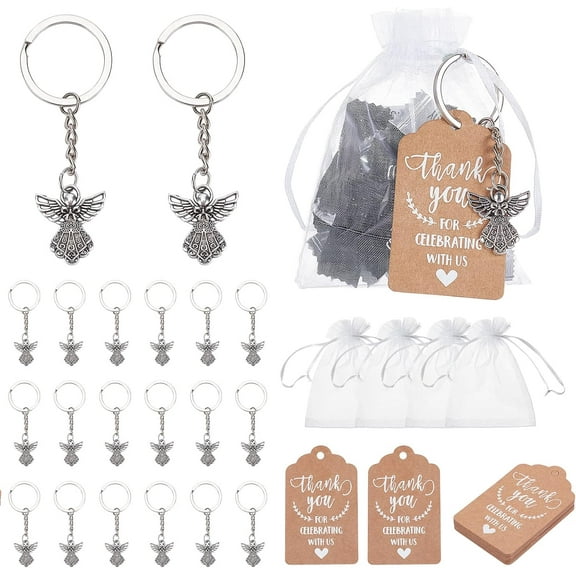 60pcs Angel Keychain Favors Set Guardian Angel Pendant Key Chain with White Organza Bags Thank You Tags Guest Return Gifts for Baby Shower Bridal Shower Wedding Party 20 Sets