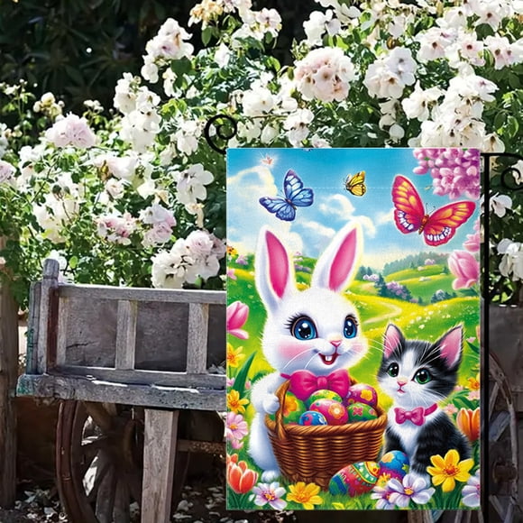 Ovzne Easter Garden Flag Courtyard Festival Ambiance Decoration Hanging Flag Easter Eggs And Rabbits Background Outdoor Courtyard Hanging Double Sided Flag On Clearance