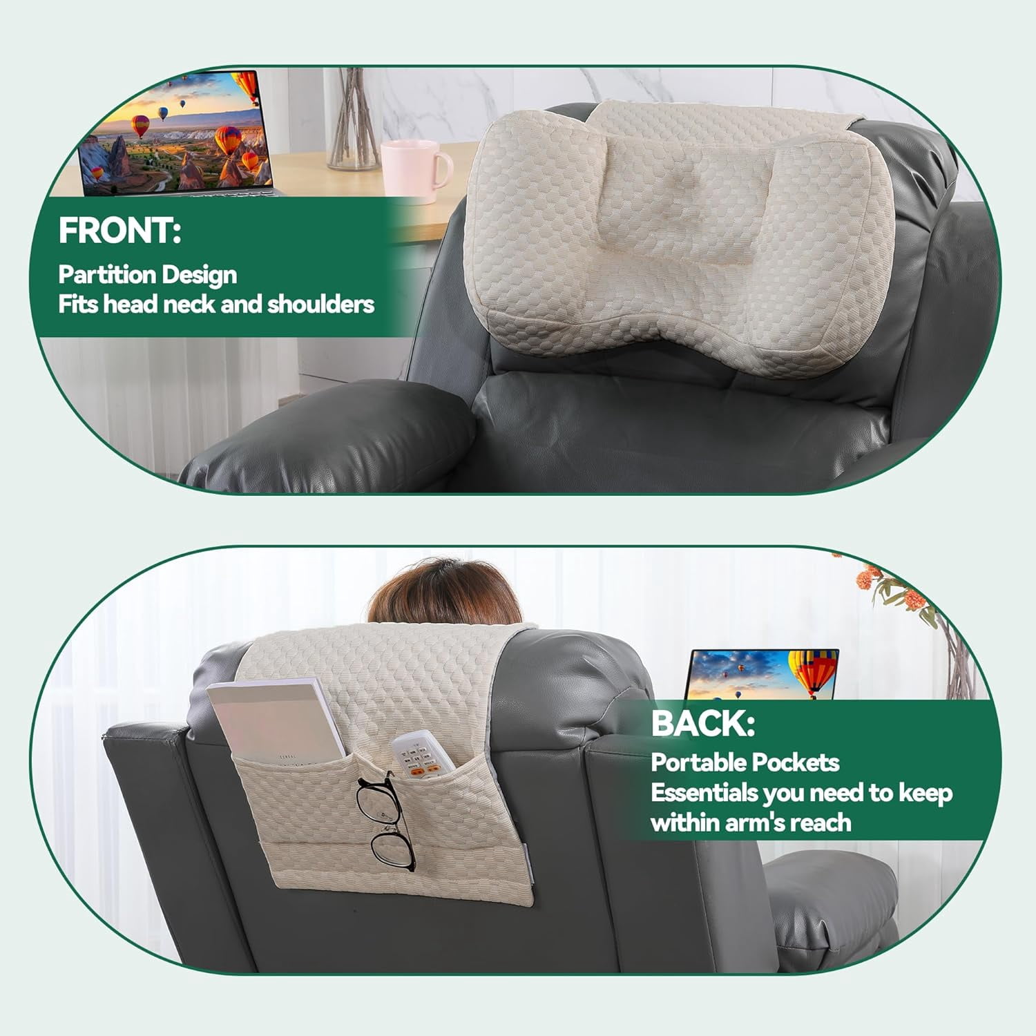 Neck Pillows for Recliners with Pocket,Headrest Cushion for Neck Pain Relief and Cervical Support,Recliner Head Pillow for Side Sleeping at Home, Office or Traveling (Coffee)