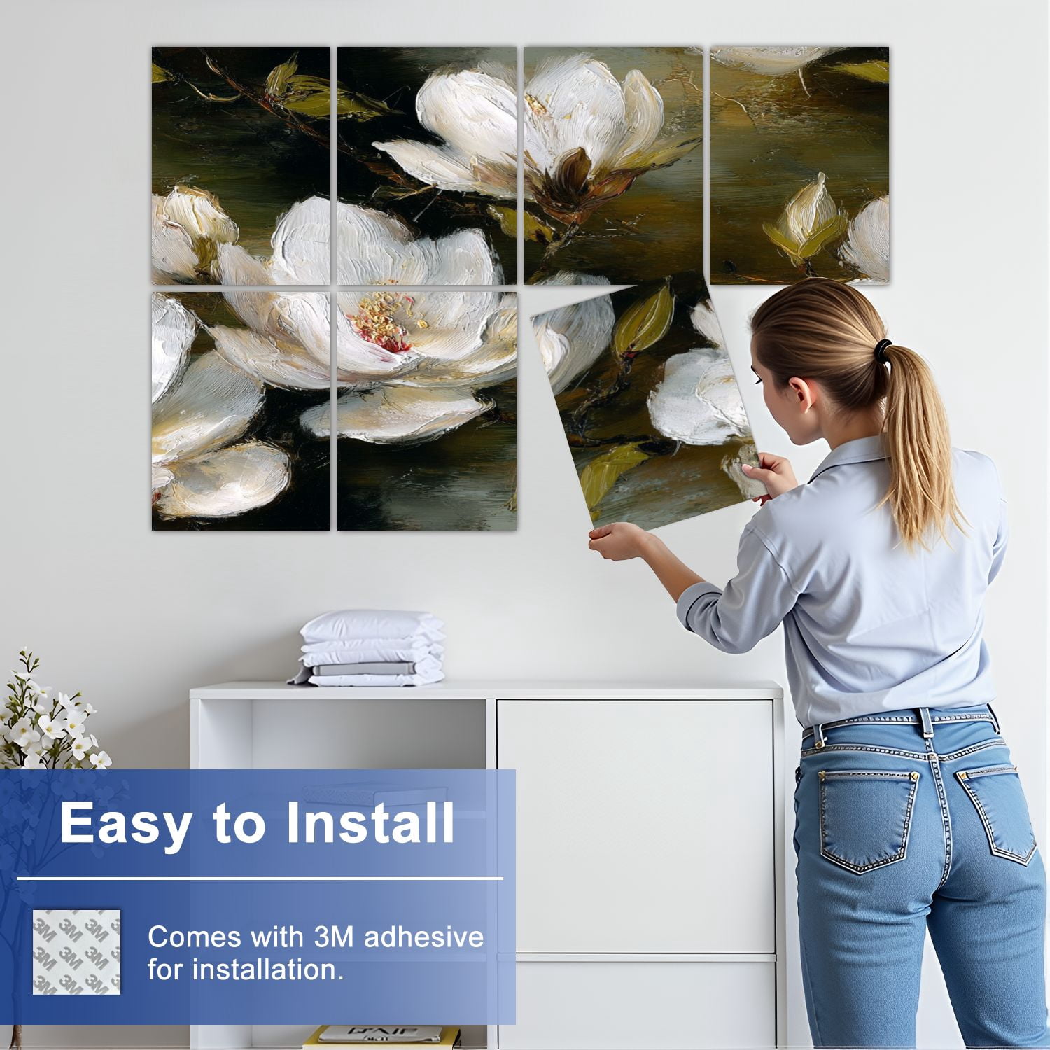 8 Pack Art Acoustic Panels Sound Absorbing White Magnolia Flowers an Decorative Soundproof Wall Panels Self Adhesive for Nursery Game Room Bedroom 48"x32"