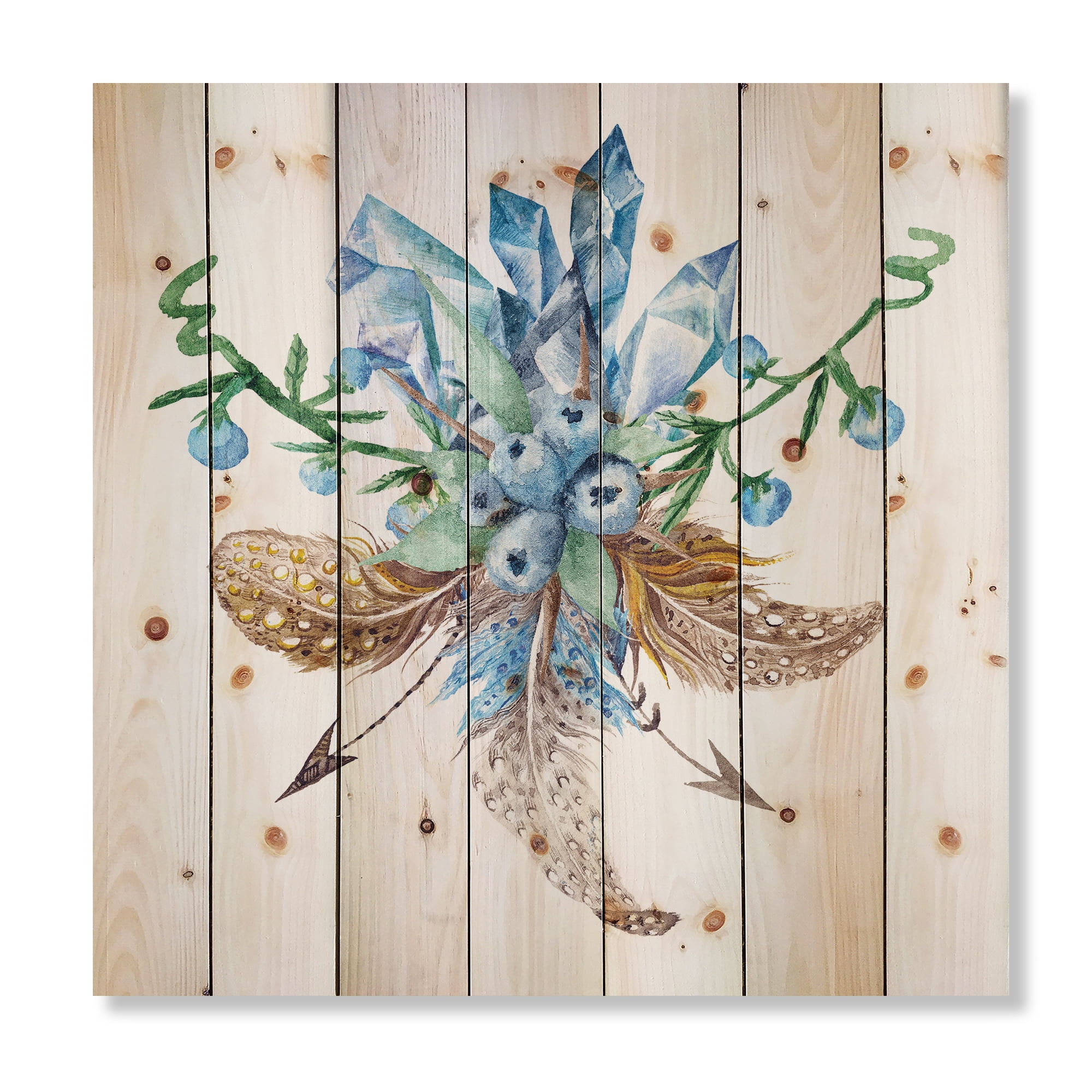 Designart 'Fresh Tribal Vignette Wild Forest Wreath Design On White I' Traditional Print on Natural Pine Wood