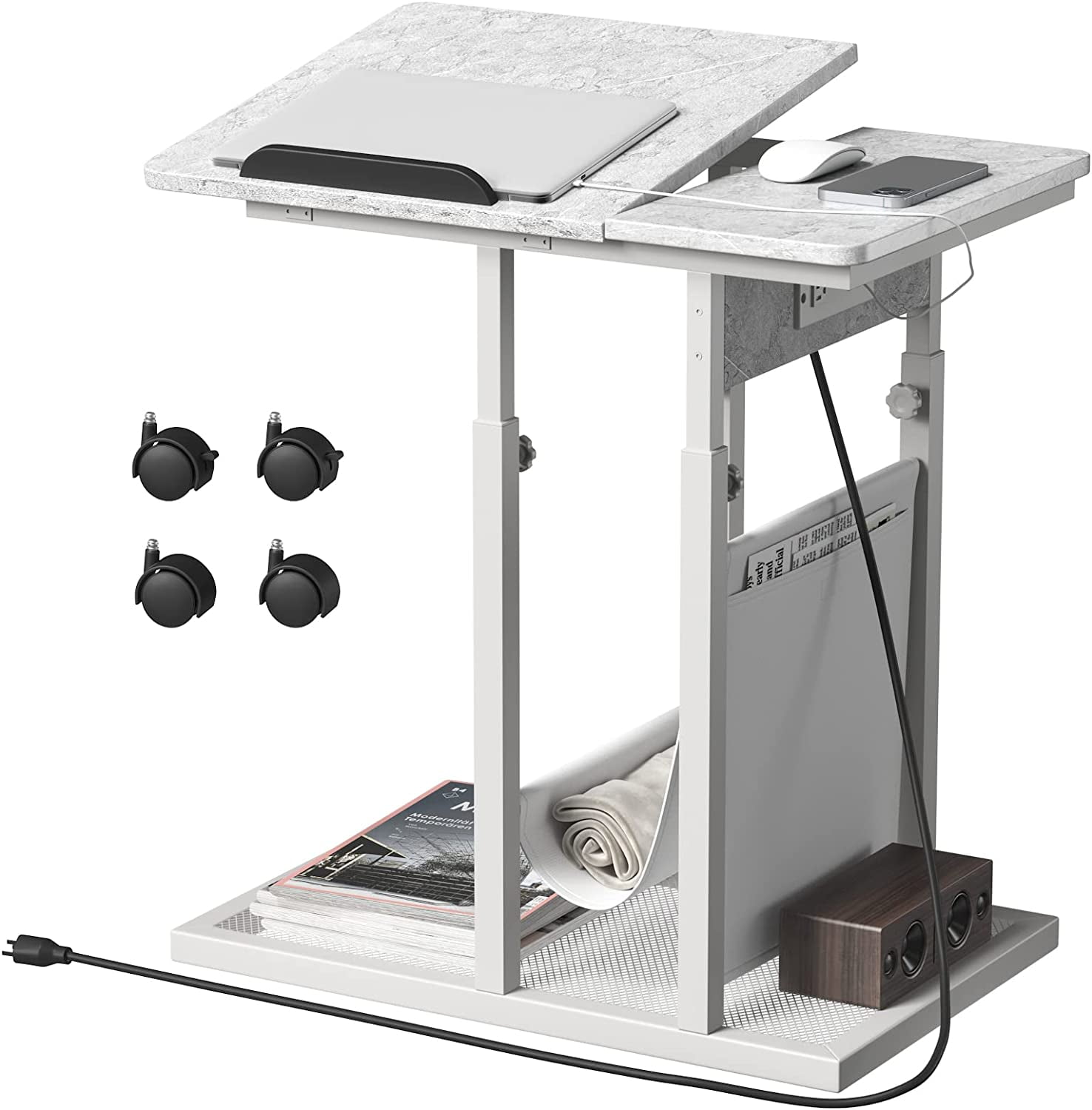 LINSY HOME Sofa Side Table with USB Ports and Outlets, Adjustable