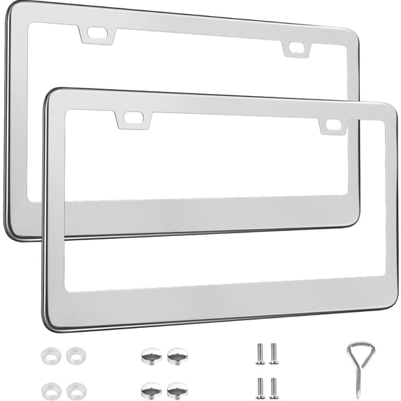 OFEFE 2 Pack Silver License Plate Frames, Stainless Steel Car License Plate Cover Car Accessories with Screw Caps (2 Holes)