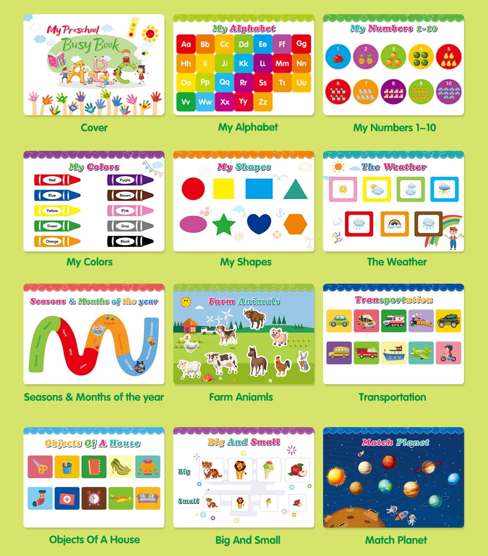 Preschool Busy Book for Toddler, Kindergarten Workbook Education Toy Reusable Waterproof Quiet Book Activity Board Learning Gift for Kids Boys Girls, Christmas, Birthdays, Children's Day