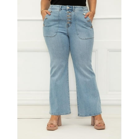 ELOQUII Elements Women's Plus Flare Leg Button Up Jeans