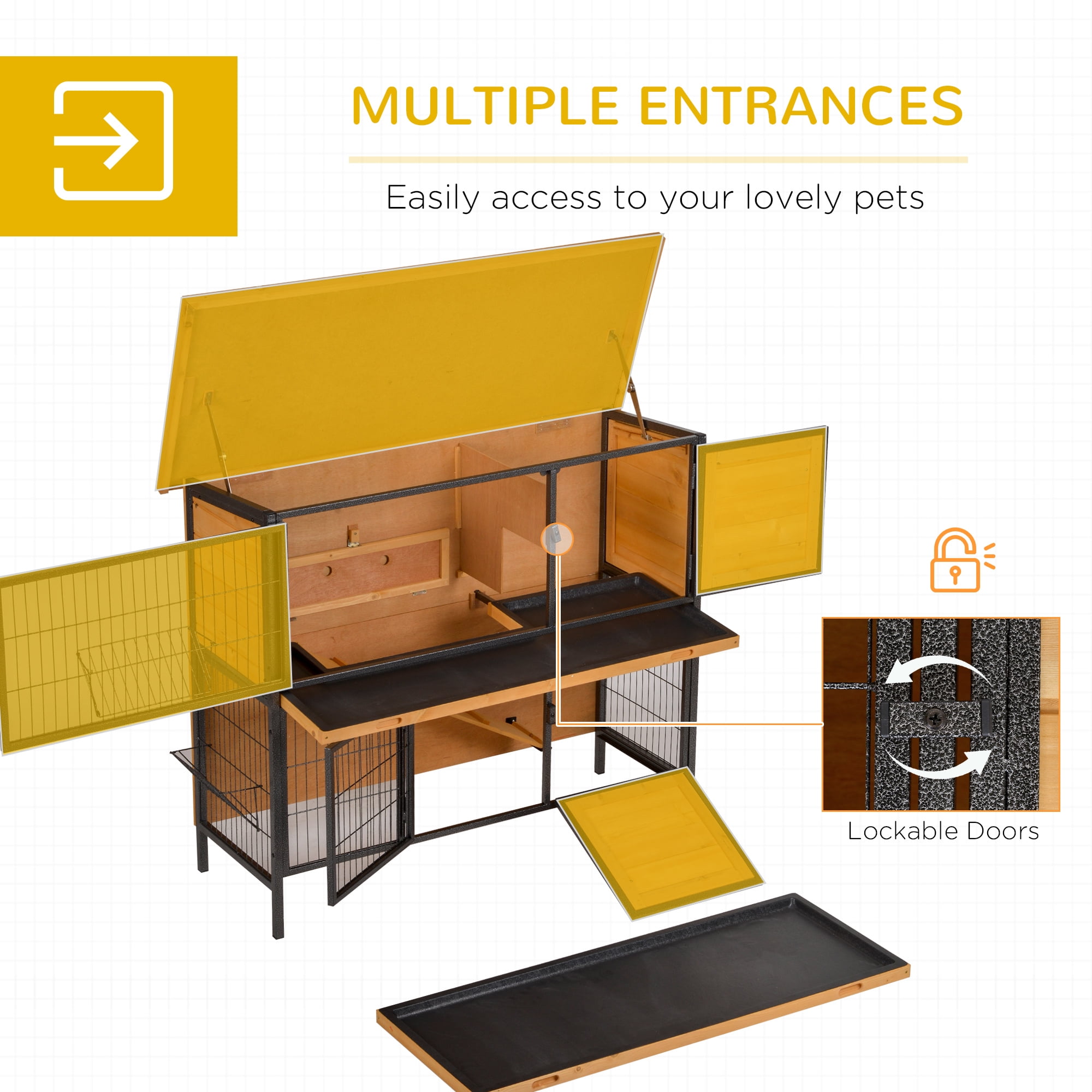 48" 2-Story Large Rabbit Hutch Bunny Cage Wooden Pet House Metal Frame with Individual Room, Ramp, No Leak Tray, Feeding Trough, Waterproof Asphalt Roof for Outdoor/Indoor