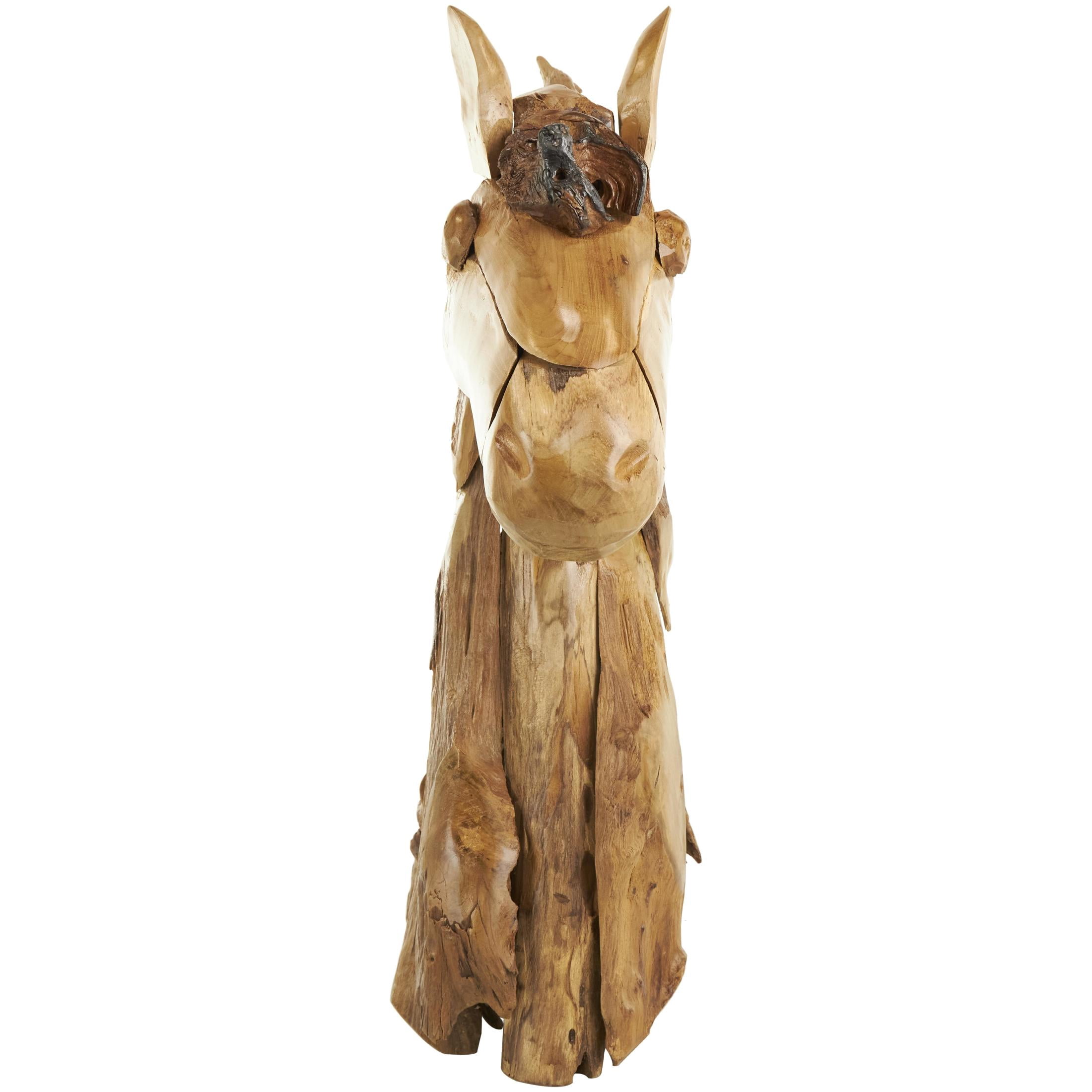 31" x 33" Brown Teak Wood Handmade Horse Sculpture, by DecMode