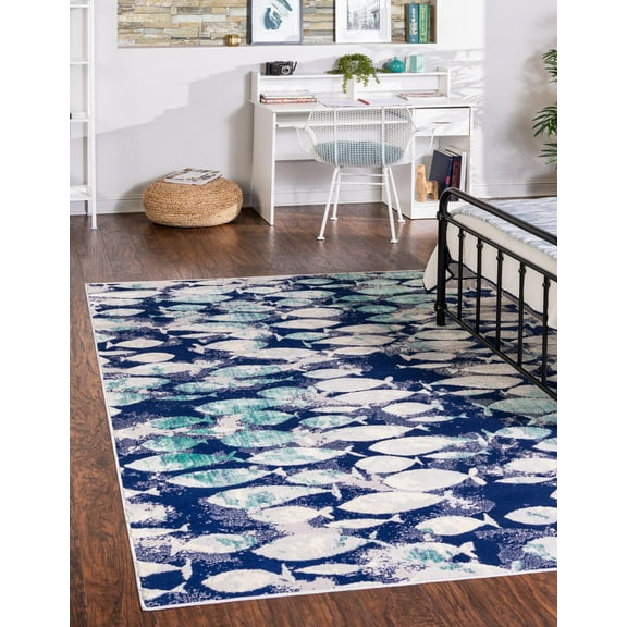 Unique Loom Fish Ariel Rug Blue/Ivory 5' 3" x 8' Rectangle Animal Print Beach/Nautical Perfect For Living Room Bed Room Dining Room Office