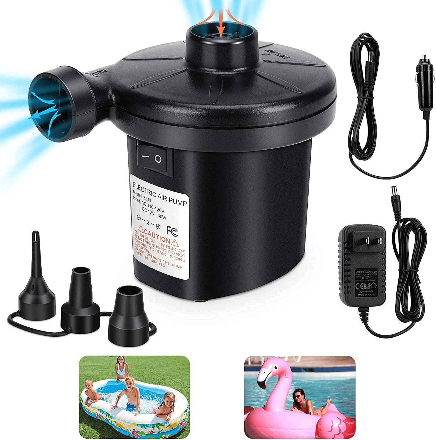 Electric Air Pump Inflator Bed Mattress Camping Pool Inflatable Toys 3 Nozzle 