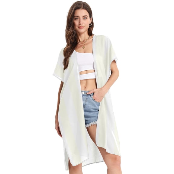Beach Vacation Clothes Kimono Cardigan Loose Swimsuit Cover Up for Women Off-white and White Stripes S