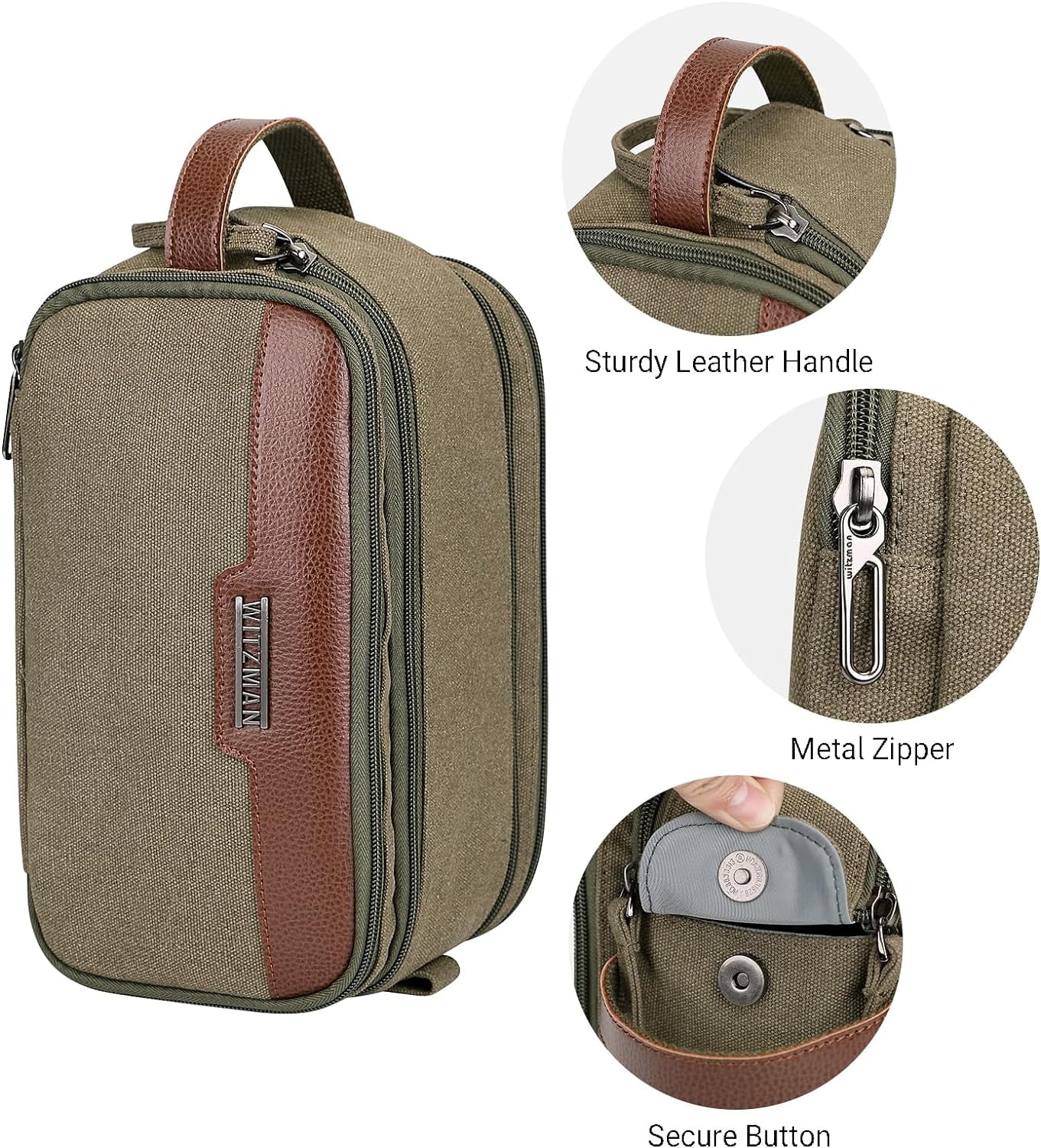 WITZMAN Canvas Toiletry Bag for Men Large Capacity Hanging Dopp Kit for Men Leather Toiletries Water-Resistant Bathroom Bag(A8002 Army Green)