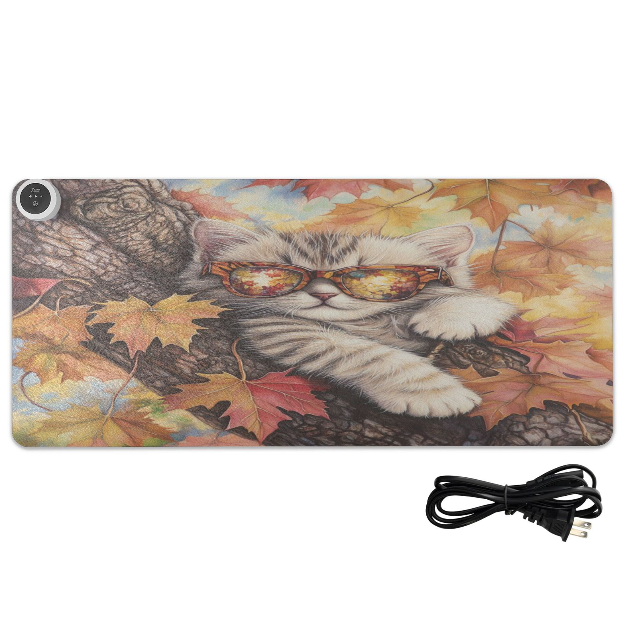 Wobogo Maple Leaf Cat Heated Mouse Pad Extra-Large Desk Mat With 3 Heating Levels and 3-hour Auto Shut-Off Protection Ideal for Computer Keyboards Home Office Hand-warming Essential 31.5in × 13in