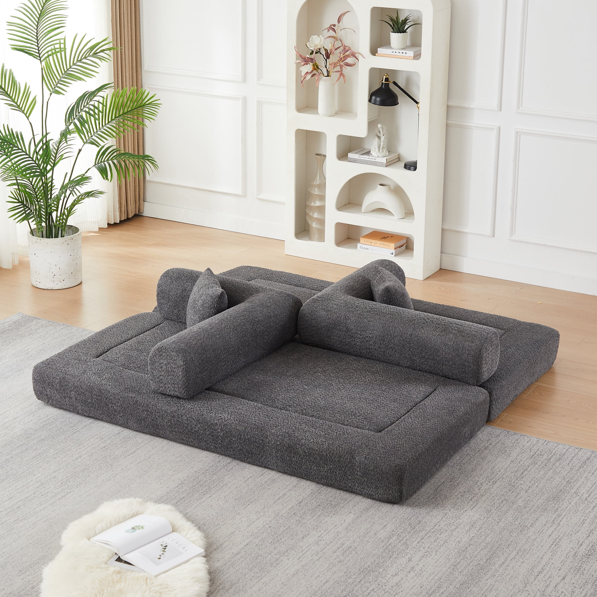 78.9inch Convertible Sleeper Sofa,Chenille Folding Mattress Sofa with DIY Removable Armrests,Floor Standing Lounge Sofa for Living Room Bedroom Small Space,Grey