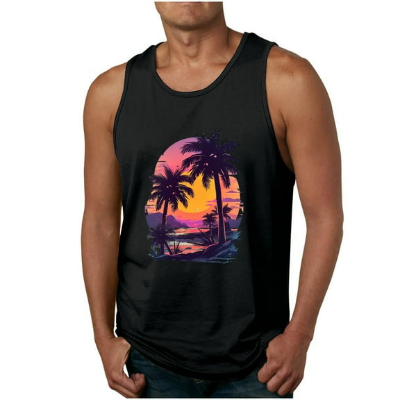 WMTBSRSW Men Tank Tops Graphic Palm Tree Print Round Neck Sleeveless Fit Basic T Shirts Hawaiian Summer Beach Loose Shirts