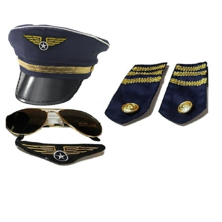 Pilot Captain Navy Hat Fancy Sunglasses Badge Epaulets Costume Accessory Set