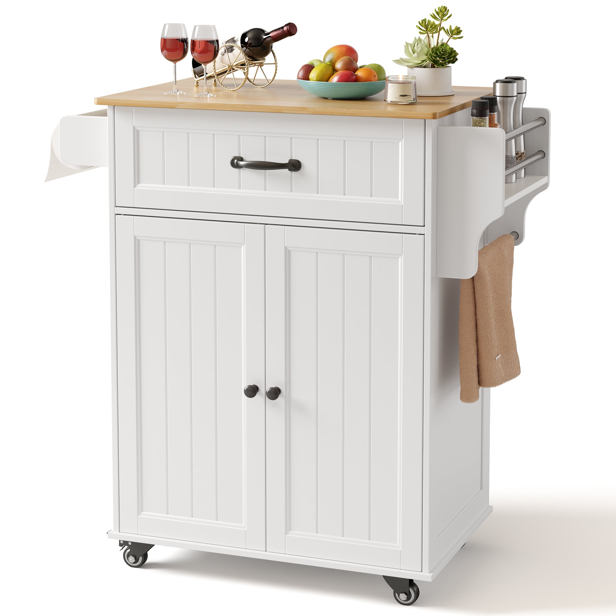 Lofka Kitchen Island Cart with Storage on Wheels, Microwave Stand with Spice Rack & Towel Rack, White Rolling Kitchen Cart with Drawer, Adjustable Shelf for Small Kitchen, Dining Room