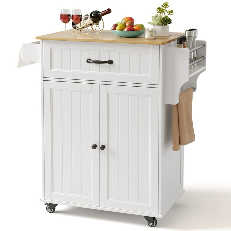 Lofka, Kitchen Island Cart with Storage, Adjustable Shelf, White