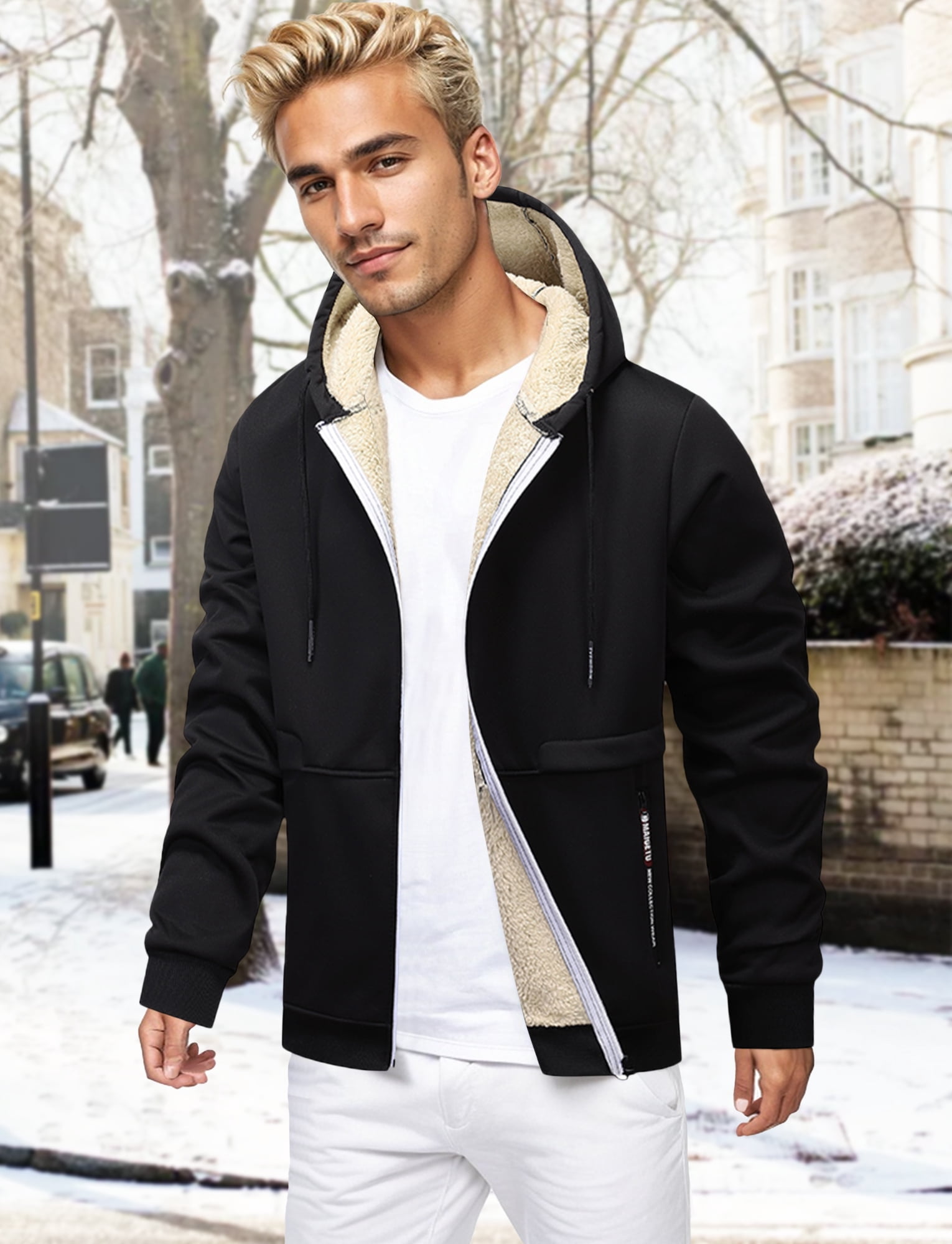 FEOYA Sherpa Lined Hoodies for Men Heavyweight Fleece Jackets Thermal Thick Coat Softshell Outwear Warm winter Sweatshirt with Pockets 2XL Black