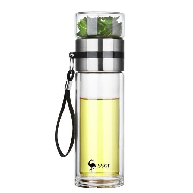 Botella de infusor de té 400ML,termo de vidrio de doble pared,Botella de Agua,con filtro de acero inoxidable,A Prueba De Fugas,kit de te,para Exteriores, Oficinas, Hogar,14 Onzas