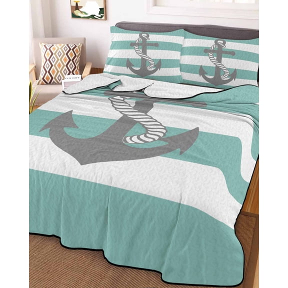 Turquoise Stripe Nautical Full Size Down Alternative Comforter, Lightweight Comforter Quilt Bedding Set with Pillow Shams Grey Anchor Summer Coastal All Seasons Bed Comforter Duvet Insert 78"x90"