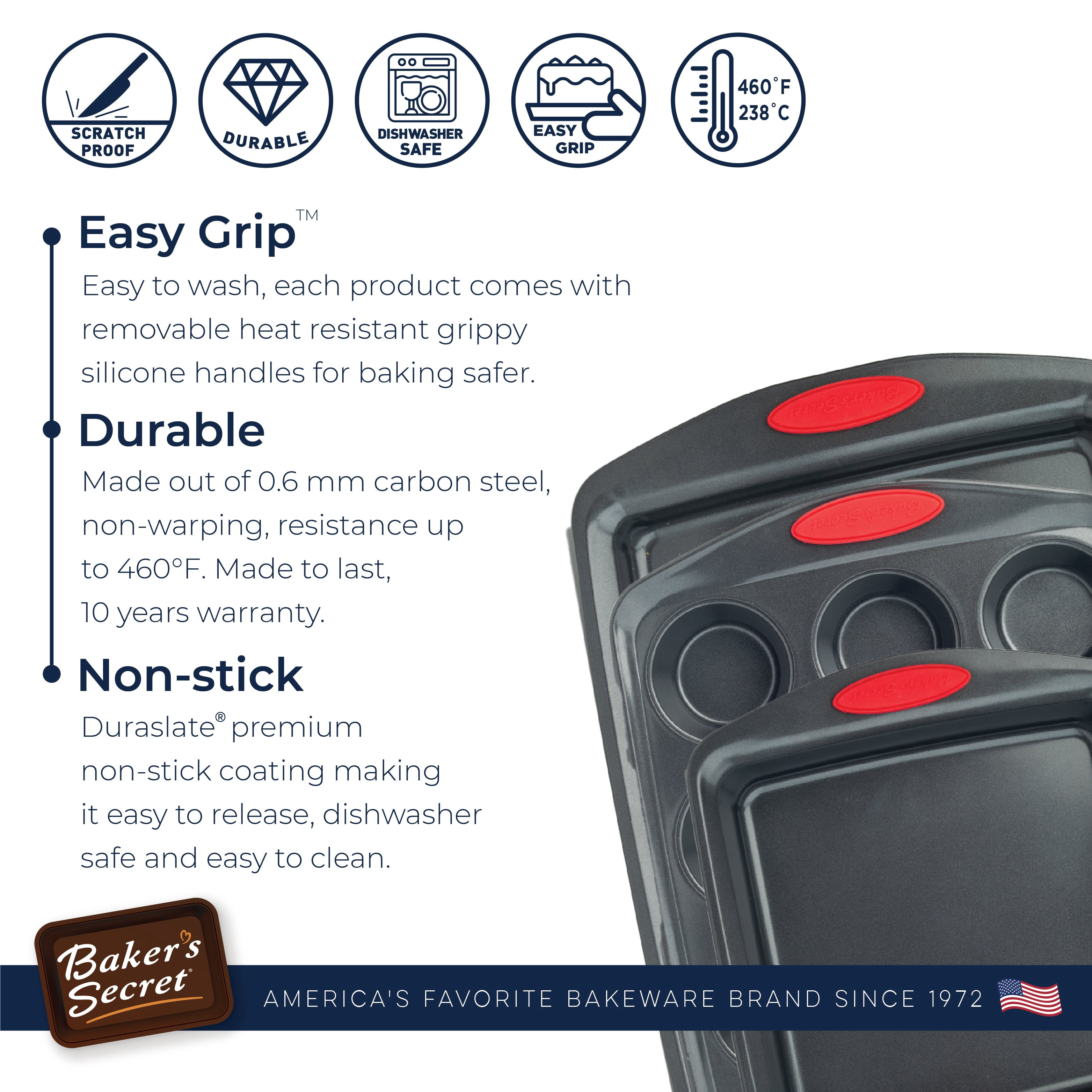 Baker's Secret Bakeware sets - 5x Bakeware Pans -Baking Dishes for Oven, Nonstick, with Cookie Sheet, 12cup Muffin pan, Loaf pan, Cake round and square pan, Non stick baking pans sets for all bakers