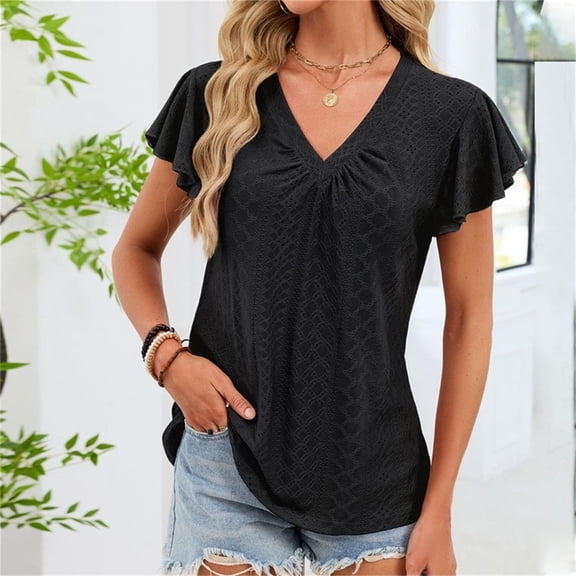 Homenesgenics Tops for Women Plus Size Casual Solid Color Fashion V-Neck Pullover Short Sleeve Tops Black L