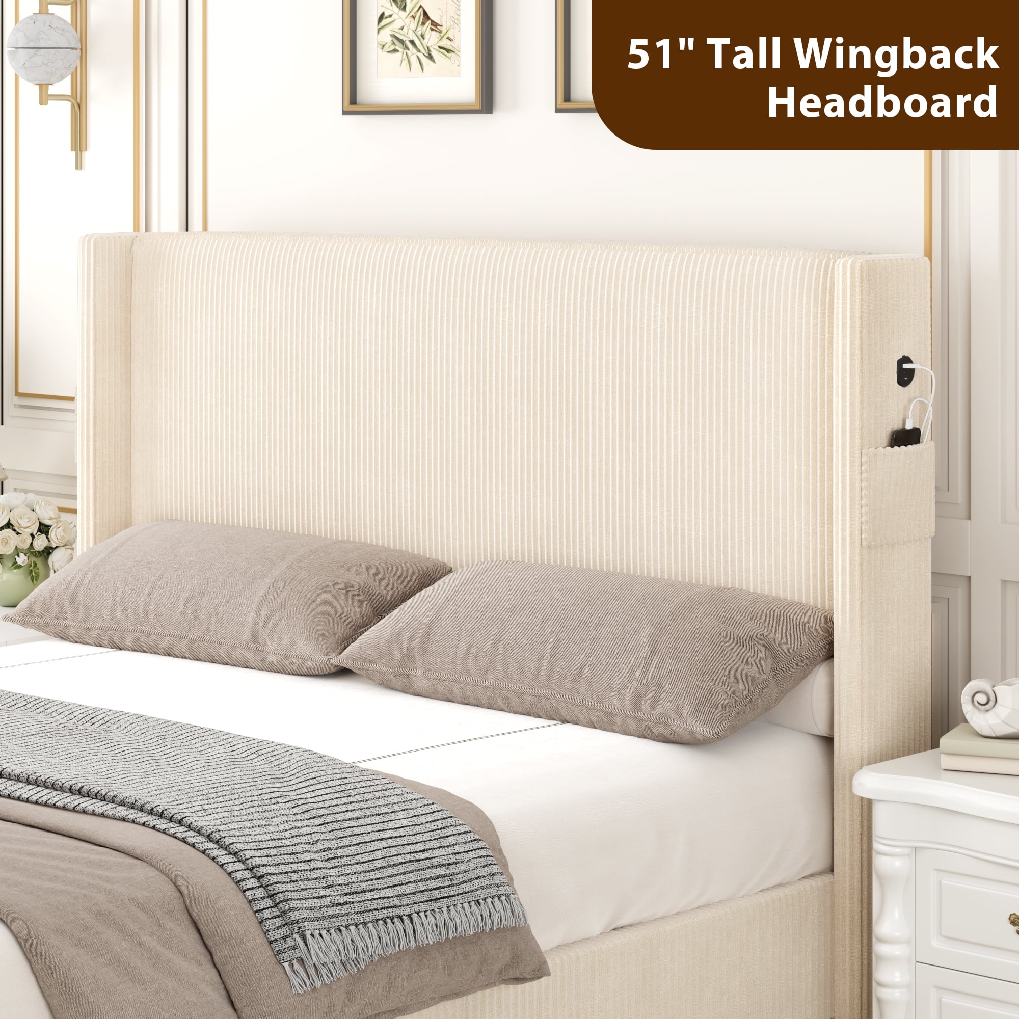 Miniyam Queen Size Upholstered Bed with Wingback Headboard, USB Charging Station for Adult, Beige