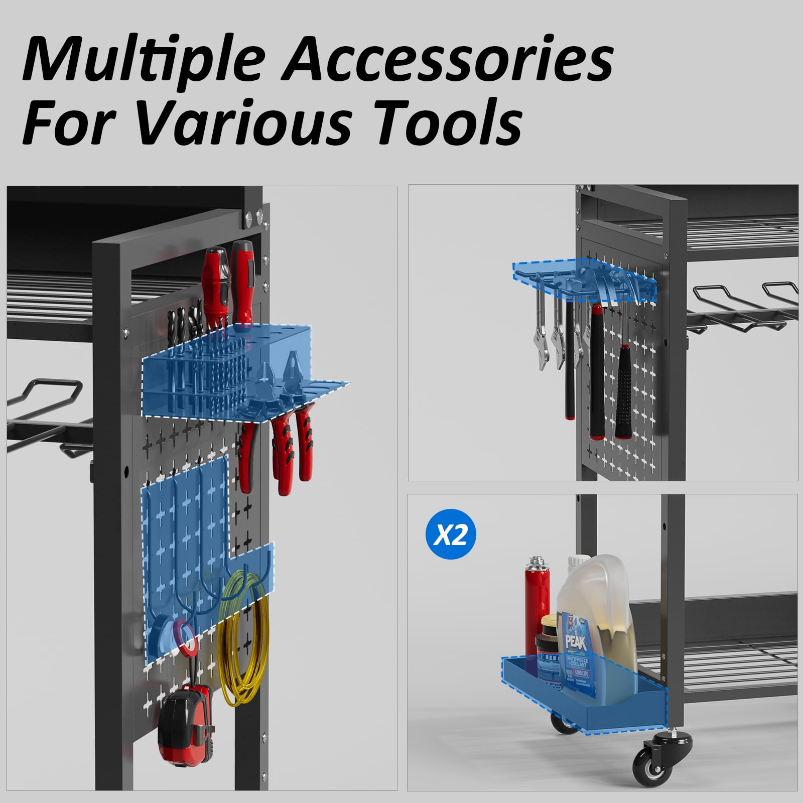 VDEVY Power Tool Organizer Cart with 8 Power Outlet & Adjustable Storage, Garage Workshop Tool Box Cart, Gifts for Men