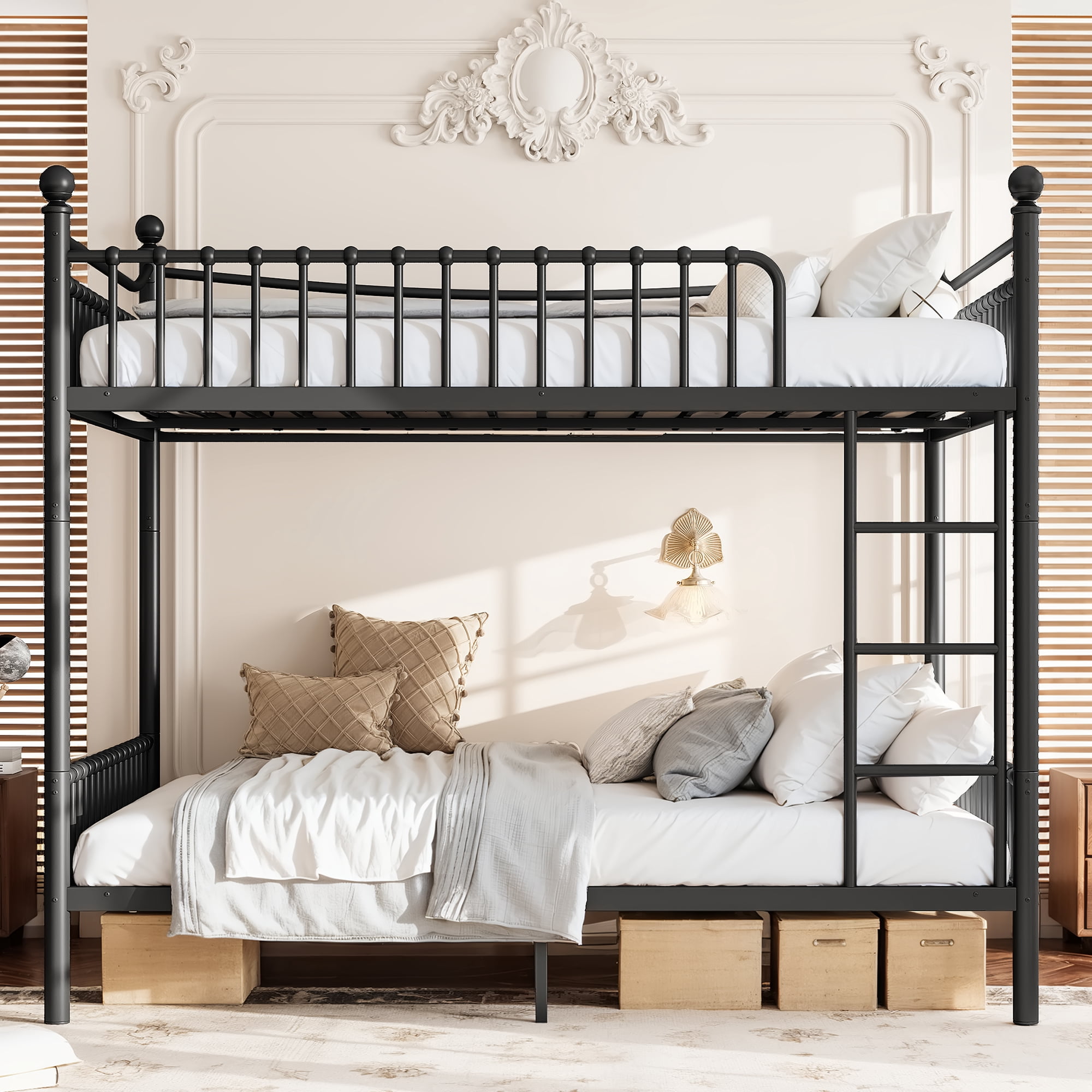 Queen Over Queen Metal Bunk Bed 87.8 Inch, Curved Guardrail Round Tube Frame for Kids Teens Adults, No Box Spring Needed, Black