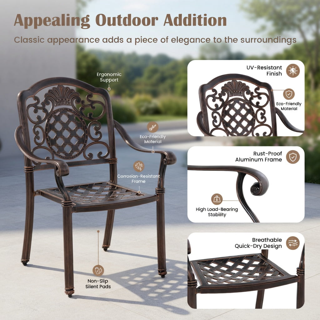 Hommoo 2-Pack Stackable Cast Aluminum Patio Dining Chairs in Red Copper, Rustproof, Weather-Resistant Outdoor Armchairs with Ergonomic Design & Adjustable Feet, Brown+Black