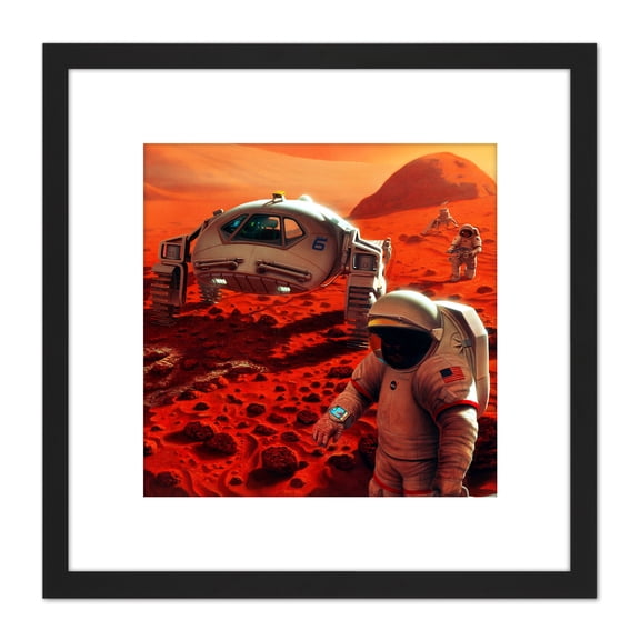 Space NASA Humans On Mars Planet Rover Illustration 8X8 Inch Square Wooden Framed Wall Art Print Picture with Mount