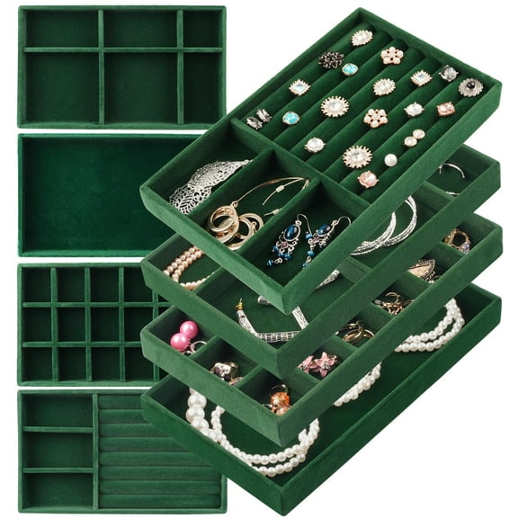 Jewelry Drawer Organizer, 8 Set of Stackable Velvet Organizer Tray, Drawer Inserts for Jewelry Organization, Showcase and Safely Store Your Collection with Elegance and Sophistication (Green)
