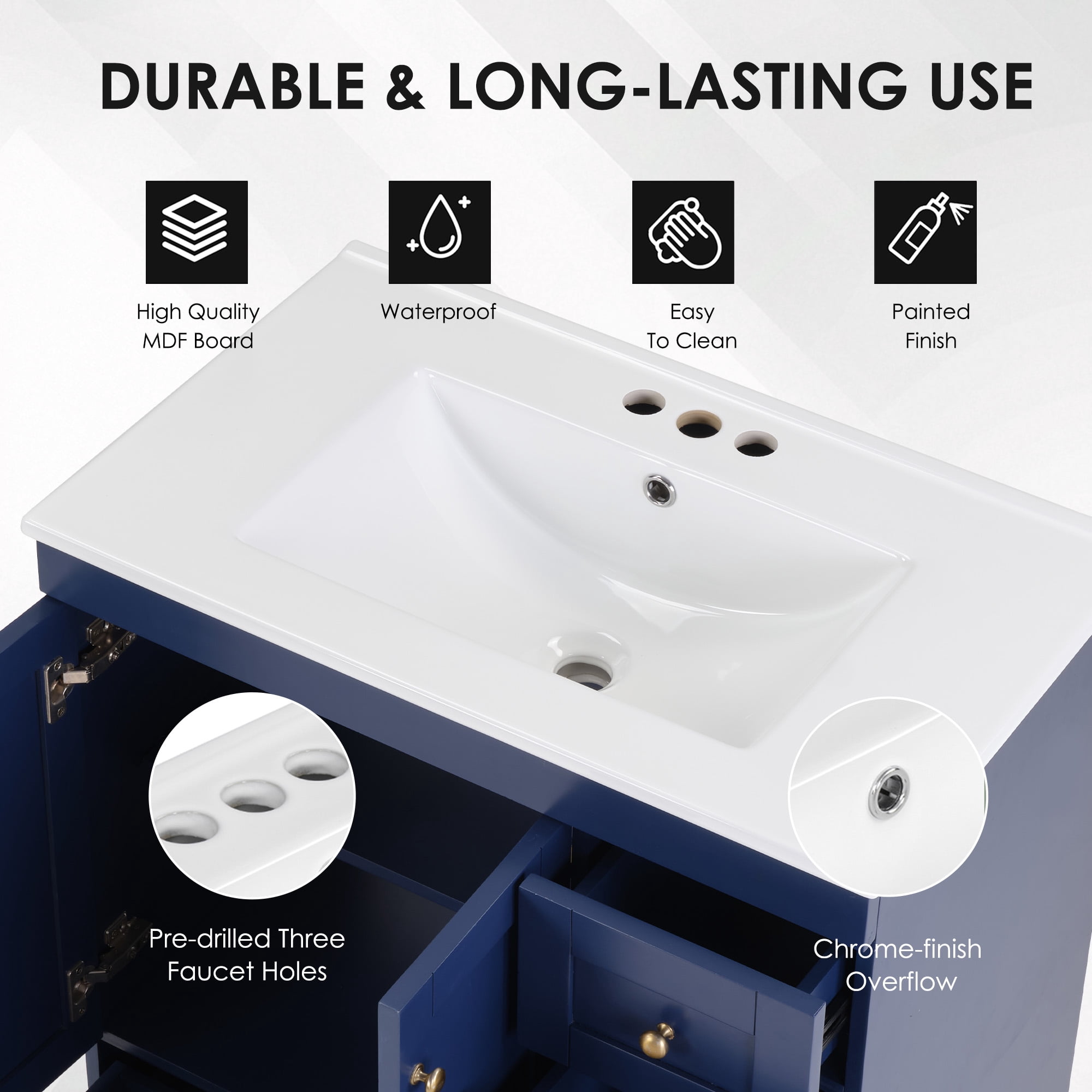 Bathroom Vanity, Vanity with Sink, Storage Vanity 30 Inch with Integrated Ceramic Sink Soft Close Drawers Multi Tier Storage Solid Wood Frame for Bathroom, Blue
