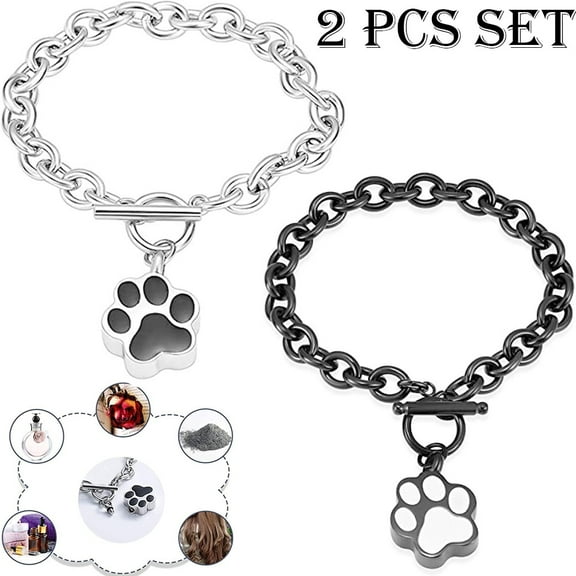 2 PCS Set Dog Paw Print Cremation Jewelry for Ashes Memorial Urn Bangle for Pet Stainless Steel Urn Bracelet Ashes Holder for Dog