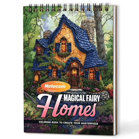 Netecom Magical Fairy Homes Coloring Book Spiral Bound For Adults, A5 Wooden Cover, 30 Beautiful Coloring Pages in Mystical Fairy Cottages for Stress Relief and Relaxation